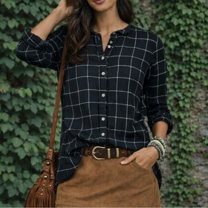 EVERLANE Black and White Button-Front Window Pane Plaid Blouse, XS